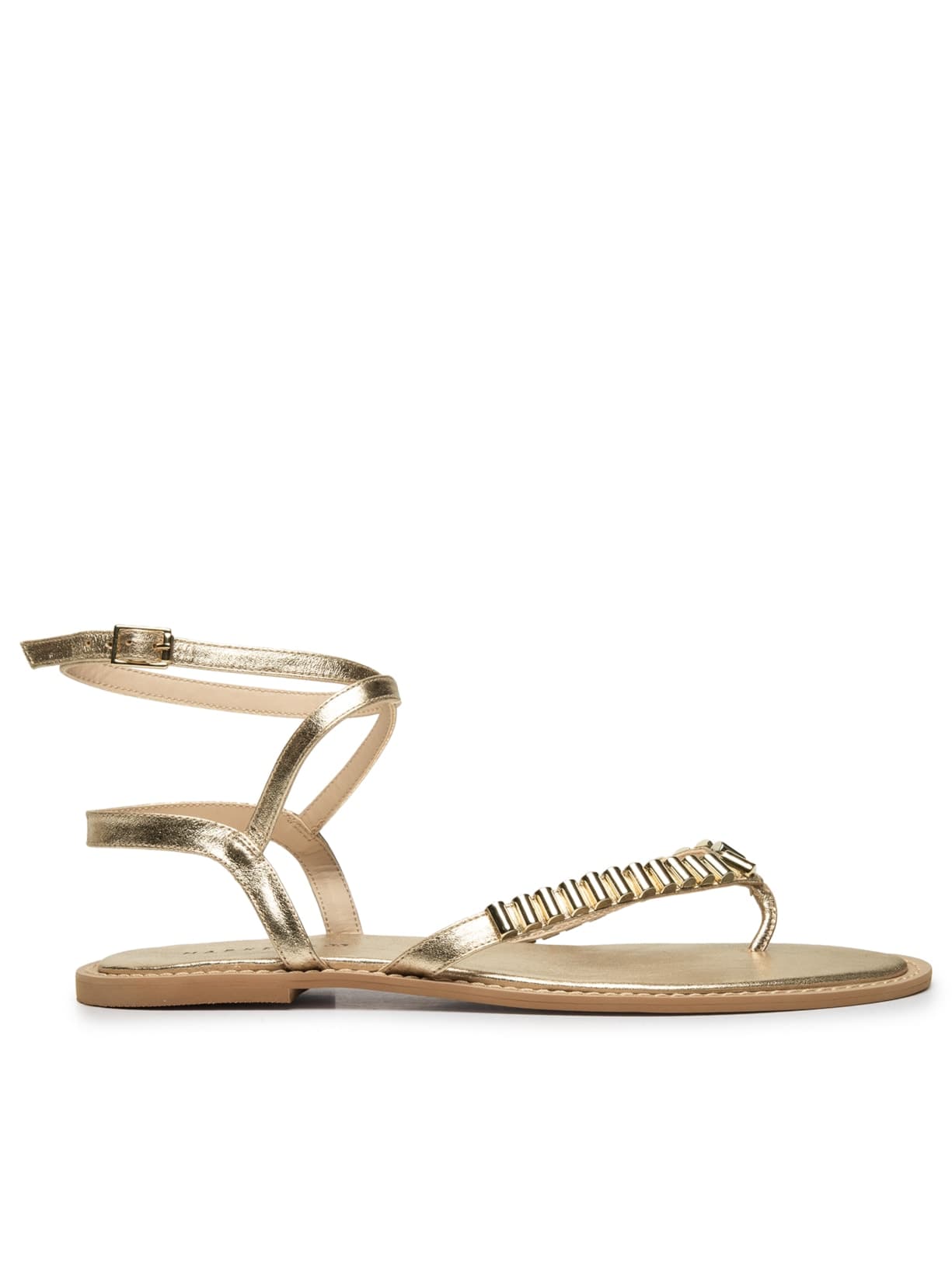 Sandália Feminina Rasteira Em Couro Com Tachas - Dourado