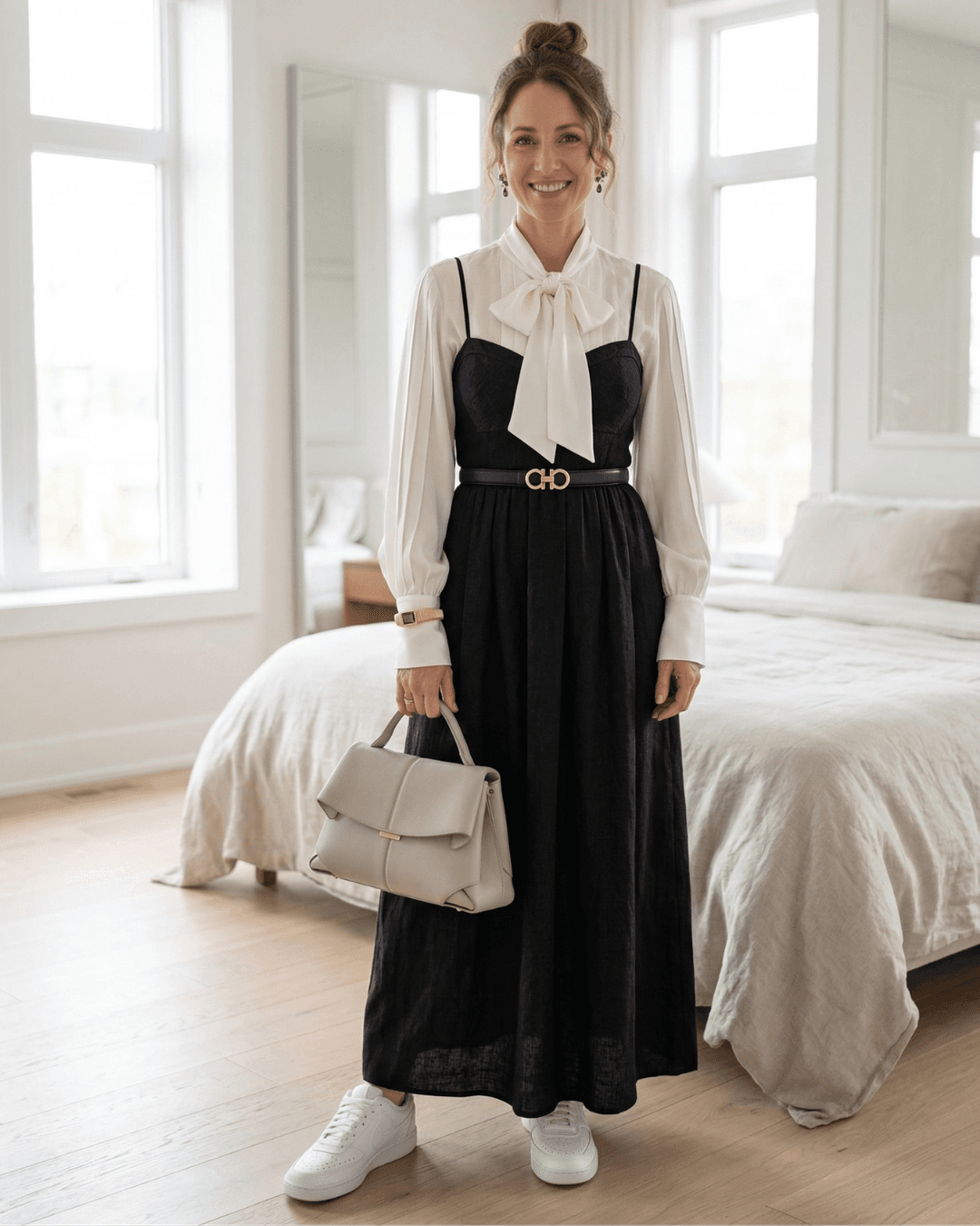 Vestido Midi Preto com Sobreposição de Camisa Branca