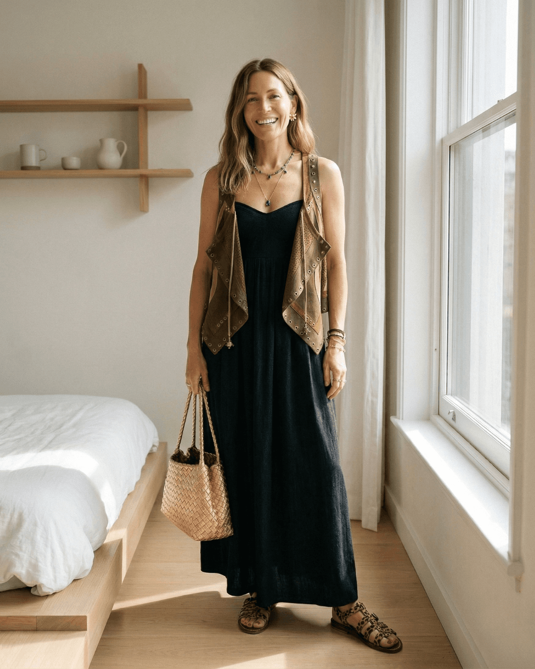 Vestido Midi Preto Casual Boho