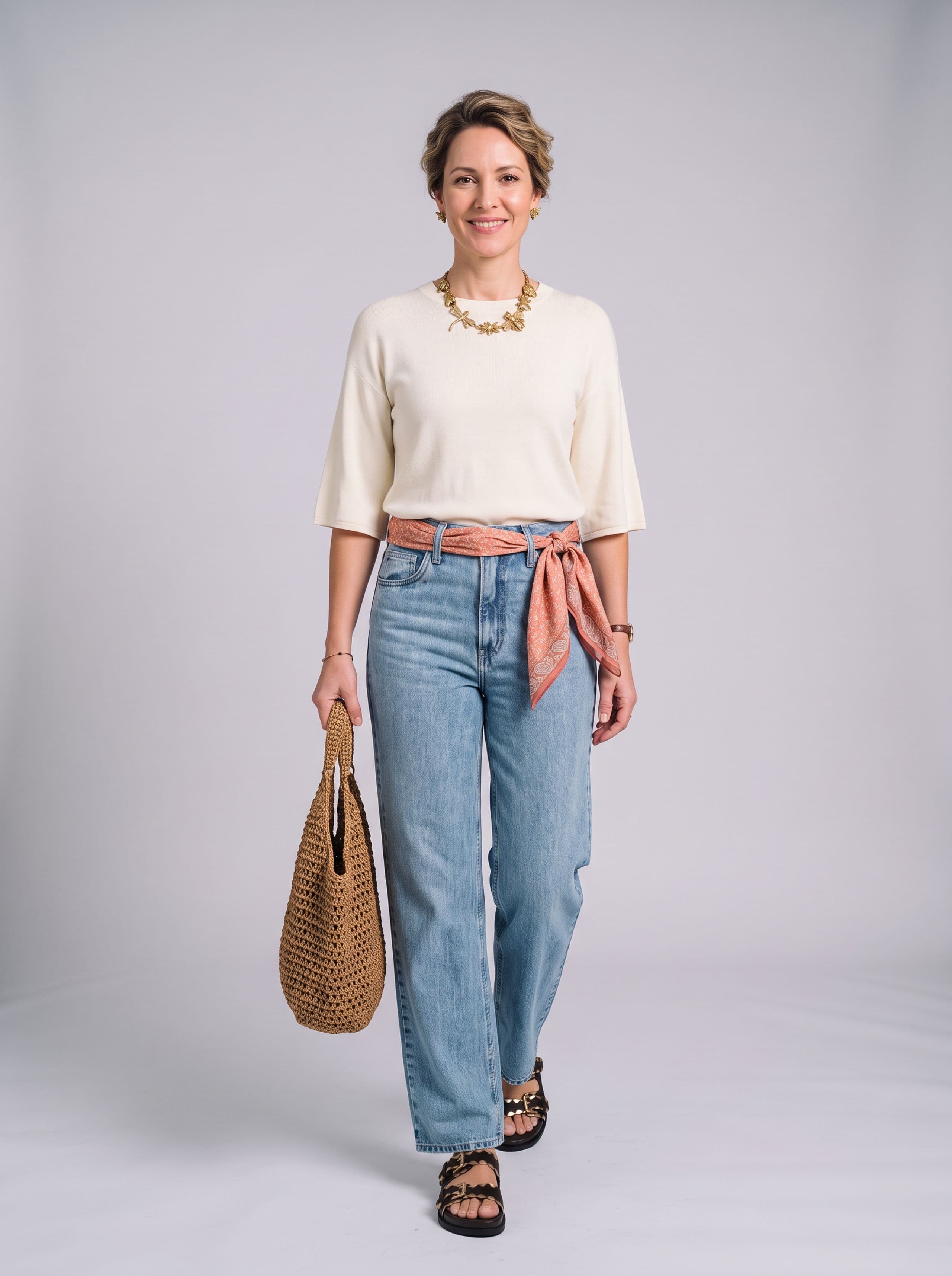Jeans Claro e Lenço Coral