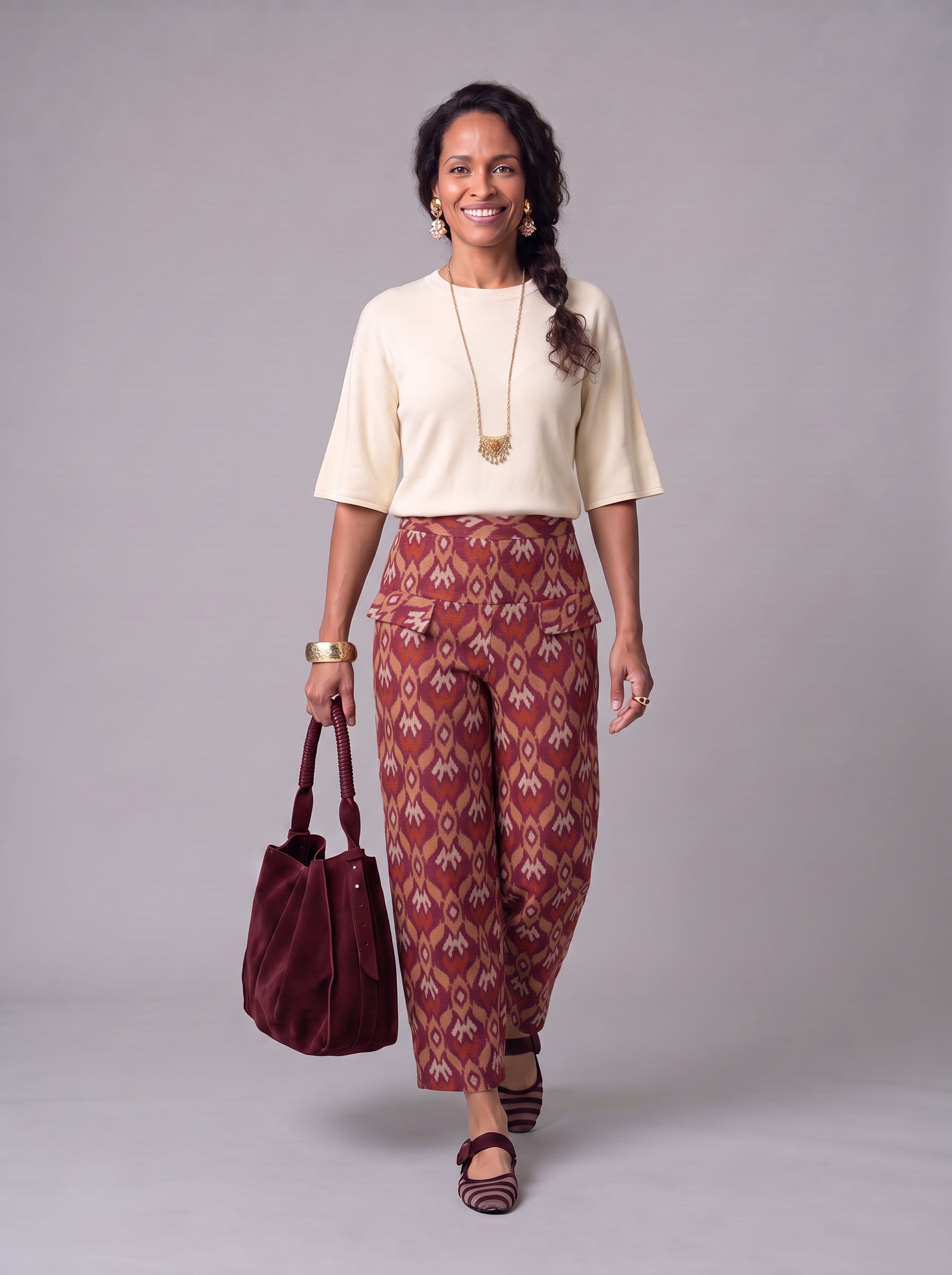 Calça Ikat Terracota e T-shirt Creme